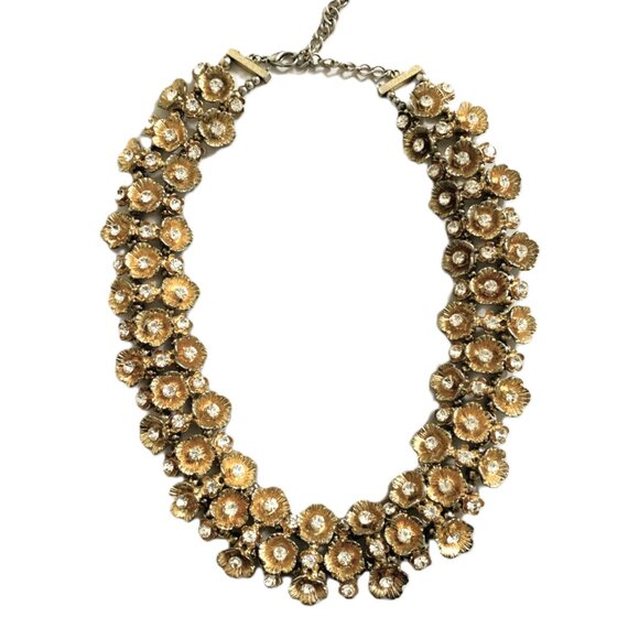 Necklace Gold Tone Floral Rhinestone Triple Stand Hollywood Glam Regency Adjusts - Picture 5 of 8